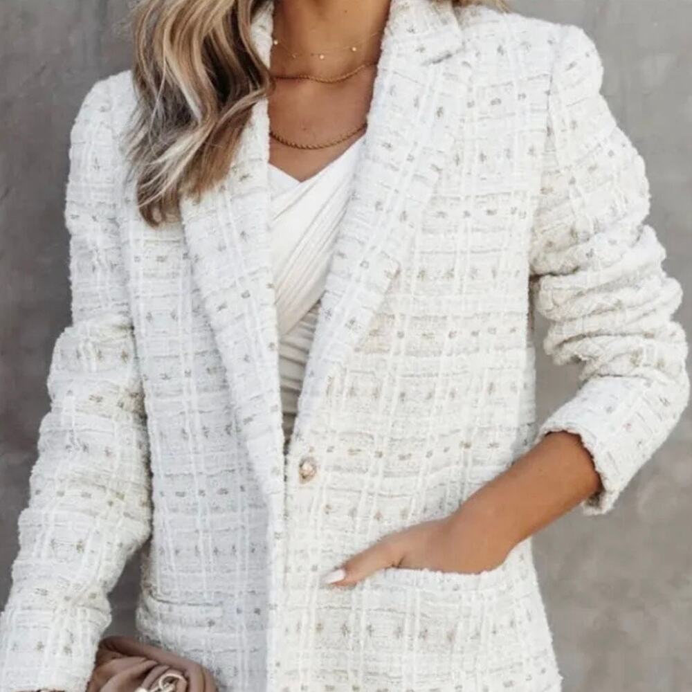Elegant White Tweed Blazer Jacket - Classic Women's Suit Jacket